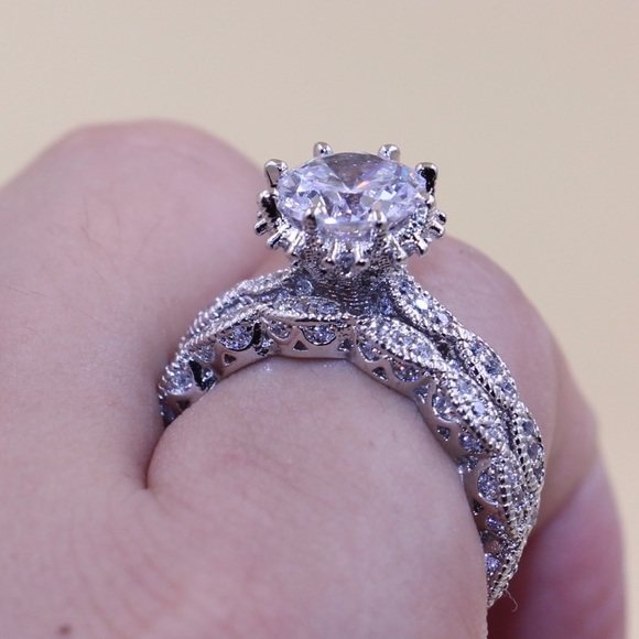 2 pc 925 Sterling Silver Cz Couple Bridal Ring Set - Picture 2 of 5